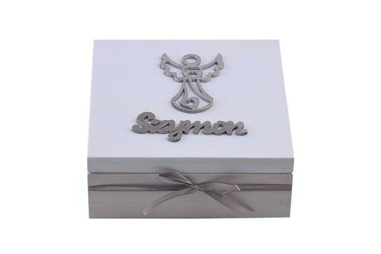 Drewniana szkatułka na prezent z napisem - imię, dekor aniołek. Zabawki Sensoryczne