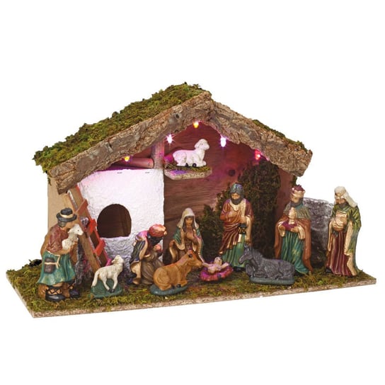 Drewniana szopka Boże Narodzenie, 11 figurek z porcelany Fééric Lights and Christmas