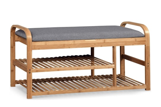 Drewniana tapicerowana ławka z półkami do przedpokoju FENDLO Konsimo