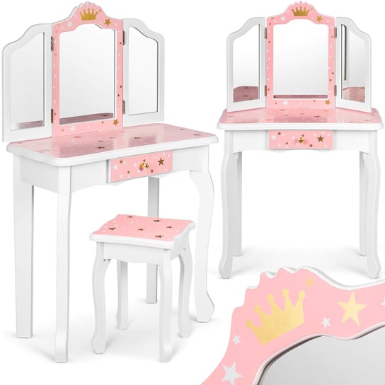 Drewniana toaletka dla dziewczynki duża z lustrem, biało-różowa w gwiazdki, Ricokids Ricokids