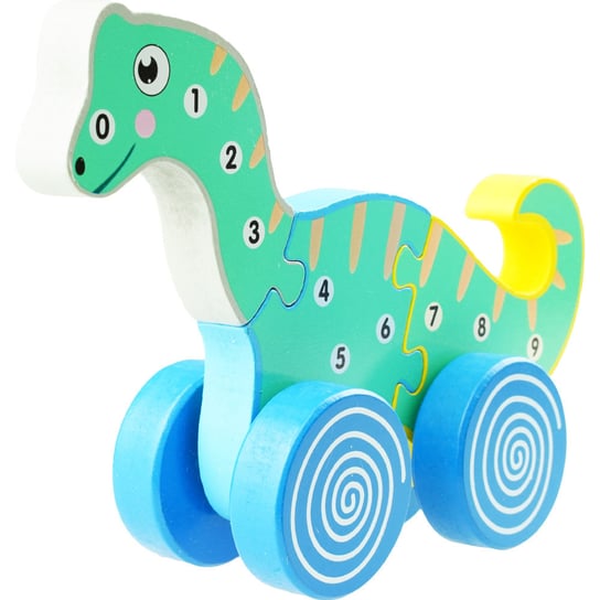Drewniana układanka puzzle 3D dinozaur na kółka do ciągnięcia KinderSafe
