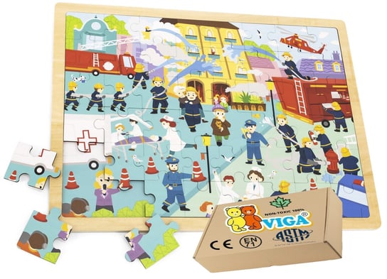 Drewniana Układanka PUZZLE 48el STRAŻ POŻARNA zabawki edukacyjne montessori Viga 2+ montessori PakaNiemowlaka