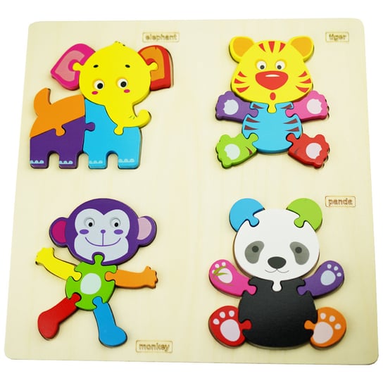 Drewniana układanka puzzle dla dzieci słoń tygrys małpka panda KinderSafe