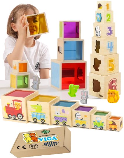 Drewniana Zabawka Sensoryczna PIRAMIDA KOLORÓW zabawki dla niemowląt VIGA 44572 12m+ montessori PakaNiemowlaka
