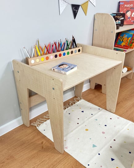 Drewniane biurko dziecięce rosnące z dzieckiem OBUBU do 8 lat Stolik z regulowanym blatem Lakierowany Biureczko dla dzieci Montessori Obubu
