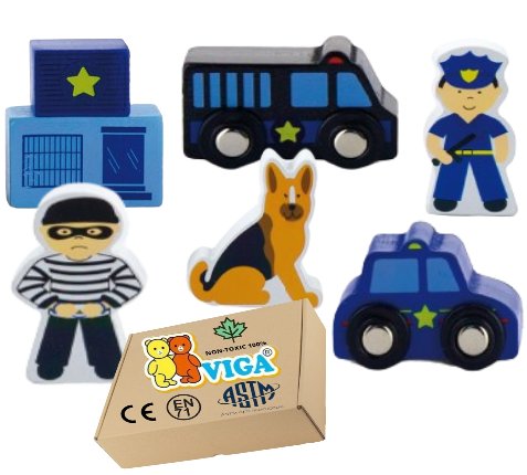 Drewniane Figurki POLICJA autka policyjne pies więzienie Klocki drewniane Viga 3+ zabawka montessori PakaNiemowlaka
