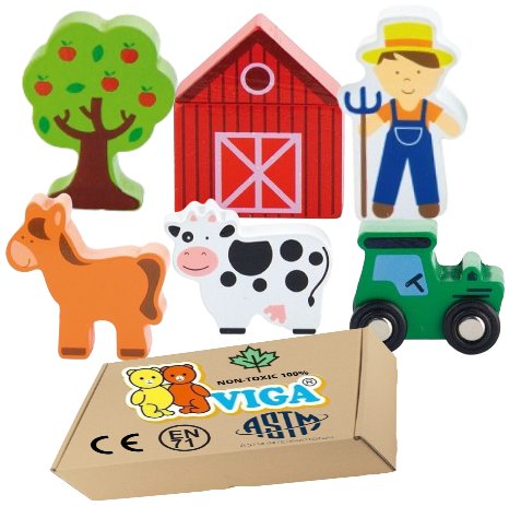 Drewniane Figurki WIEŚ farma krowa traktor koń Klocki dla przedszkolaków Viga 3+ zabawka montessori PakaNiemowlaka