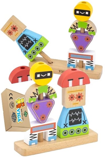 Drewniane Klocki BUDOWA ROBOTÓW roboty Zabawki Sensoryczne Kreatywne VIGA 44652 3+ montessori PakaNiemowlaka