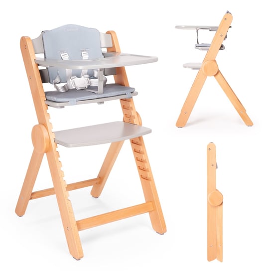 Drewniane krzesełko do karmienia Drömmer, składane, regulowany podnóżek, miękka wkładka w kolorze szarym Inna marka