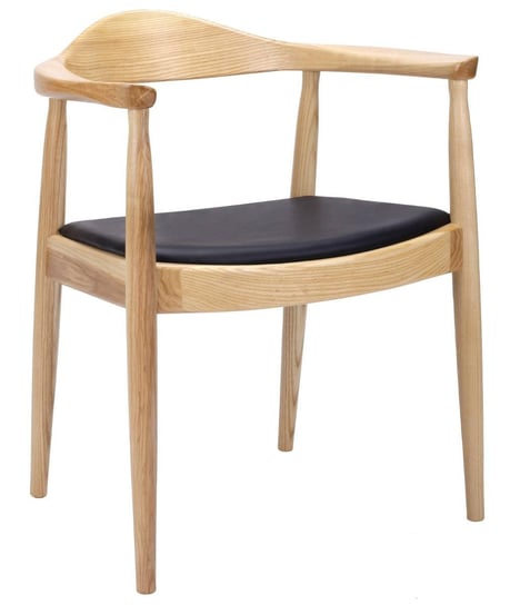 Drewniane krzesło w kolorze naturalnym z podłokietnikami i czarnym siedziskiem z ekoskóry Pallero