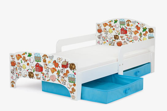 Drewniane łóżko dziecięce Smart 140/70 cm z materacem - Farma ze zwierzakami + 2 pojemniki/szuflady Krakpol