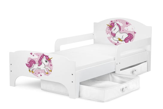 Drewniane łóżko dziecięce Smart 140/70 cm z materacem - Jednorożec różowy + 2 pojemniki/szuflady Krakpol