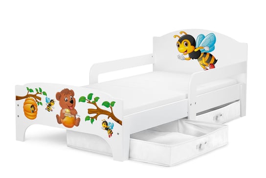 Drewniane łóżko dziecięce Smart 140/70 cm z materacem - Miś i pszczółki + 2 pojemniki/szuflady Krakpol