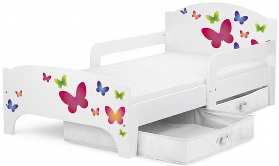 Drewniane łóżko dziecięce Smart 140/70 cm z materacem - Motyle + 2 pojemniki/szuflady Krakpol
