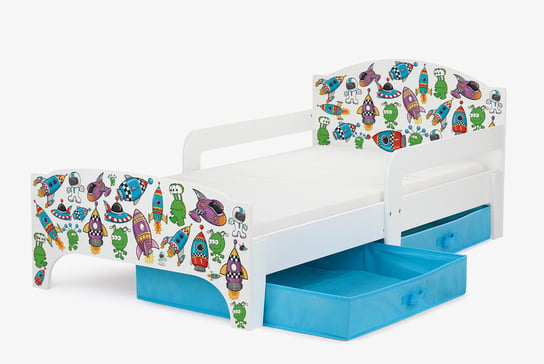 Drewniane łóżko dziecięce Smart 140/70 cm z materacem - Ufoludki + 2 pojemniki/szuflady Krakpol