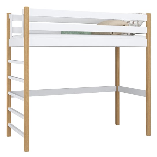 Drewniane łóżko na antresoli N01 biało dębowe 100x180 N-Wood
