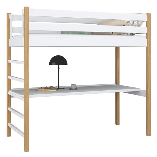 Drewniane łóżko na antresoli z biurkiem N01 biało dębowy 100x180 N-Wood