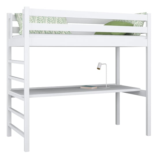 Drewniane łóżko na antresoli z biurkiem N01 biały 100x180 N-Wood