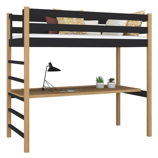 Drewniane łóżko na antresoli z biurkiem N01 czarno dębowy 100x180 N-Wood