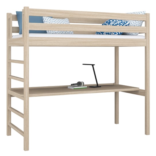 Drewniane łóżko na antresoli z biurkiem N01 dąb bielony 100x190 N-Wood