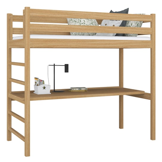 Drewniane łóżko na antresoli z biurkiem N01 dąb naturalny 100x180 N-Wood