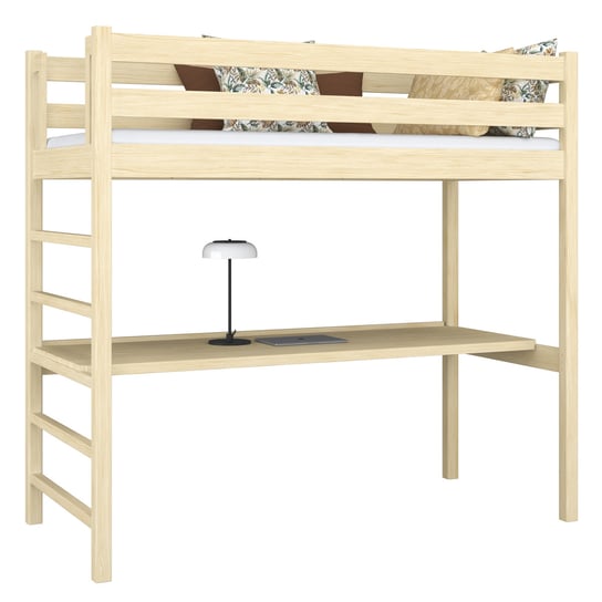 Drewniane łóżko na antresoli z biurkiem N01 sosna bebarwna 100x180 N-Wood