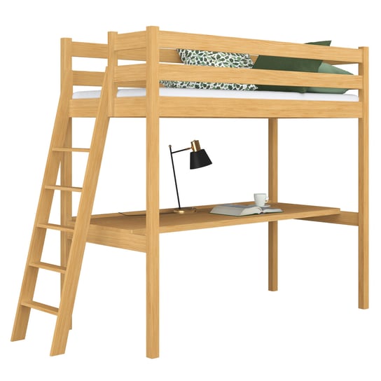 Drewniane łóżko na antresoli z biurkiem N02 sosna naturalna 90x200 N-Wood