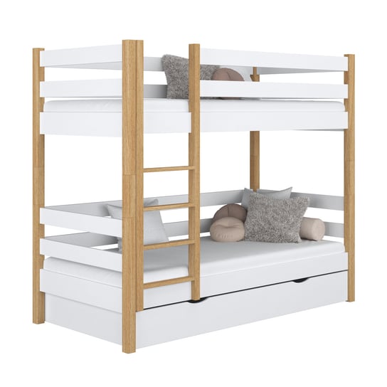 Drewniane łóżko piętrowe z szufladą N01 biało dębowy 100x200 N-Wood