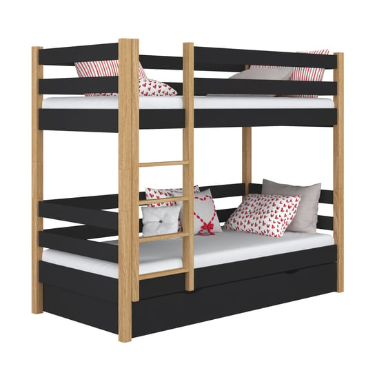 Drewniane łóżko piętrowe z szufladą N01 czarno dębowy 100x180 N-Wood