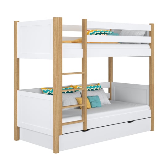 Drewniane łóżko piętrowe z szufladą N02 biało dębowy 120x190 N-Wood
