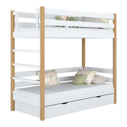 Drewniane łóżko piętrowe z szufladą N03 biało dębowy 100x180 N-Wood