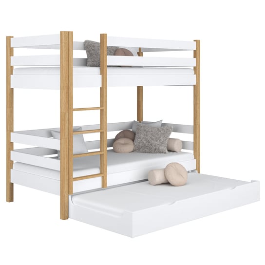 Drewniane łóżko piętrowe z szufladą na materac N01 biało dębowy 100x200 N-Wood