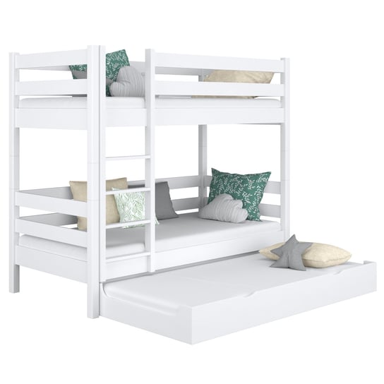 Drewniane łóżko piętrowe z szufladą na materac N01 biały 100x180 N-Wood