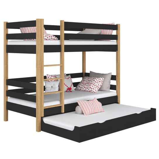 Drewniane łóżko piętrowe z szufladą na materac N01 czarno dębowy 100x200 N-Wood