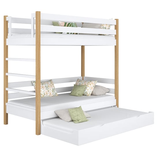 Drewniane łóżko piętrowe z szufladą na materac N03 biało dębowy 100x180 N-Wood
