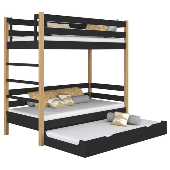 Drewniane łóżko piętrowe z szufladą na materac N03 czarno dębowy 100x180 N-Wood