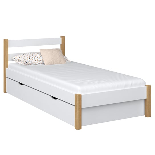 Drewniane łóżko pojedyncze z szufladą N01 biało dębowe 100x190 N-Wood