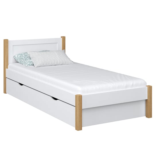 Drewniane łóżko pojedyncze z szufladą N02 biało dębowy 100x180 N-Wood