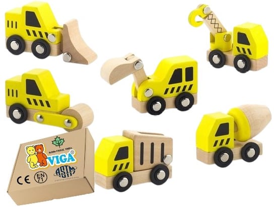 Drewniane POJAZDY BUDOWLANE samochody auta autka Zabawka Dla Chłopca VIGA 18m+ zabawka montessori PakaNiemowlaka