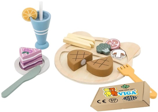 Drewniane produkty spożywcze ZESTAW OBIADOWY Z DESEREM zabawki montessori Viga 18m+ montessori PakaNiemowlaka