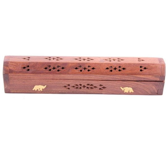 Drewniane pudełko na kadzidełka zdobione mosiążnymi słoniami ANCIENT WISDOM