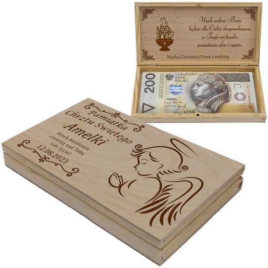 Drewniane Pudełko Na Pieniądze Banknoty Prezent Na Chrzest Pamiątka Chrztu Wondergift