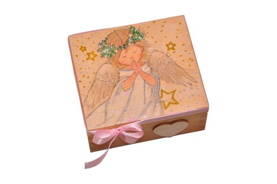 Drewniane pudełko z aniołkiem DECOUPAGE prezent na Święta. Zabawki Sensoryczne