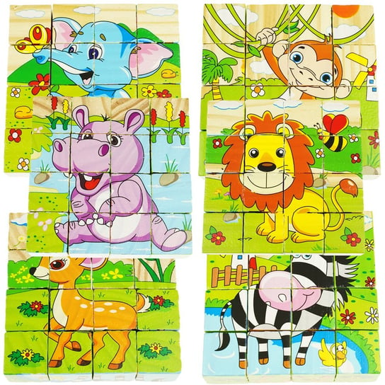 Drewniane puzzle klocki układanka 6w1 zwierzęta safari KinderSafe