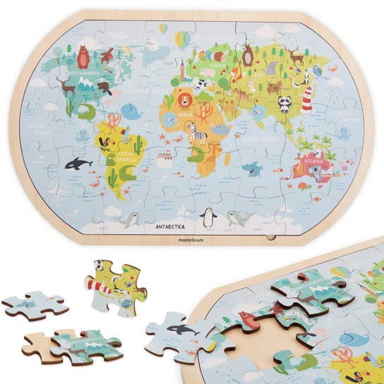 Drewniane puzzle Mapa świata Gra Edukacyjna Mamabrum