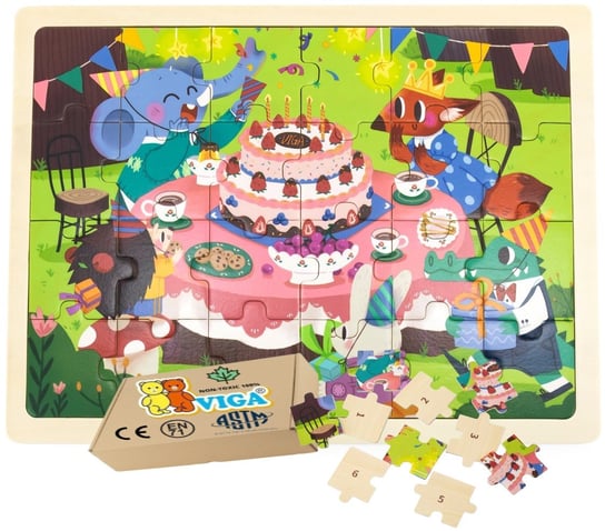 Drewniane Puzzle TORT URODZINOWY dla najmłodszych Dzieci 2 3 4 5 lat latka 24 el VIGA PakaNiemowlaka