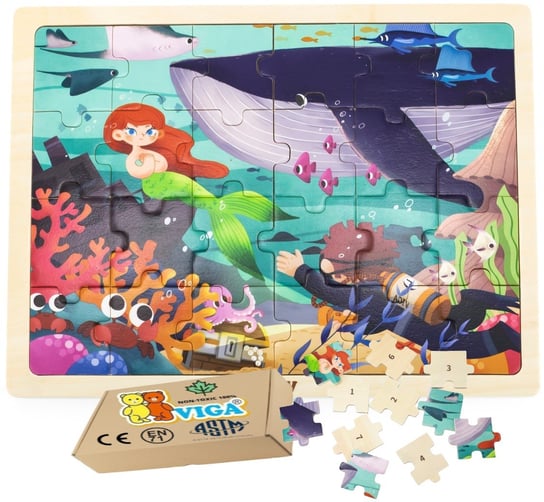 Drewniane Puzzle WIELORYB I SYRENKA dla najmłodszych Dzieci 2 3 4 5 lat latka 24 el VIGA PakaNiemowlaka