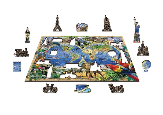 Drewniane Puzzle z figurkami – Zwierzęta świata mapa rozm. XL, 1010 elementów Wooden.City