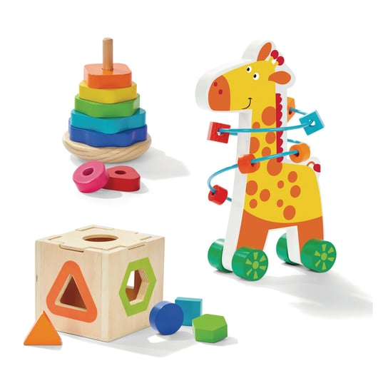 Drewniane układanki edukacyjne dla dzieci: Wieża, Kostka, kolorowa Żyrafa Krakpol