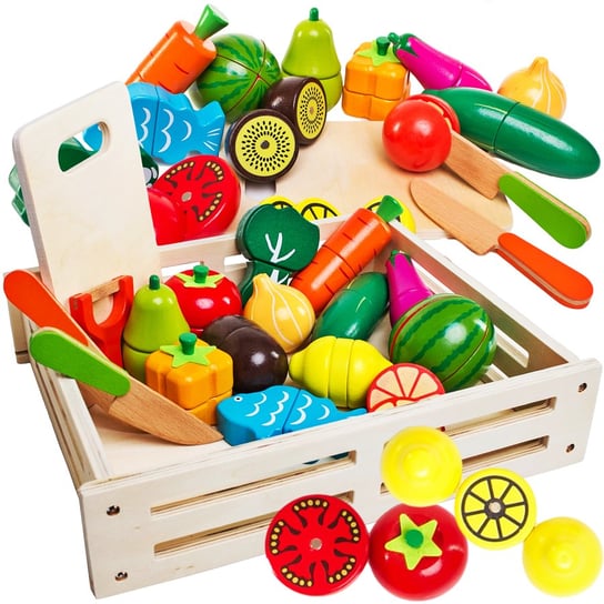 Drewniane warzywa i owoce do krojenia na magnes w zestawie skrzynka, deska, noże. Zabawkowe jedzenie. Doris